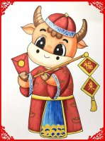 2021牛年馬克筆新年創(chuàng)意兒童畫《福來到》 