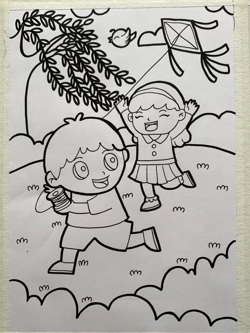 7一9歲兒童畫《小孩放風箏》