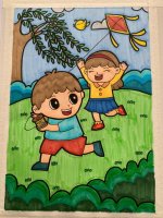 7一9歲兒童畫《小孩放風箏》