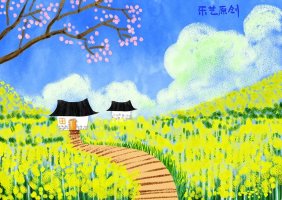 春天主題兒童畫作品《油菜花》