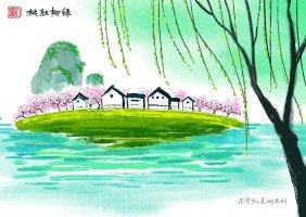春天水粉風(fēng)景畫(huà)技法作品《桃紅柳綠》