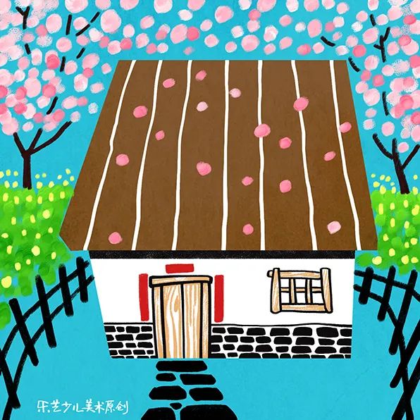 春天兒童風(fēng)景畫作品《小屋春來到》