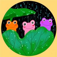 少兒創(chuàng)意水粉畫作品《下雨天的小青蛙》