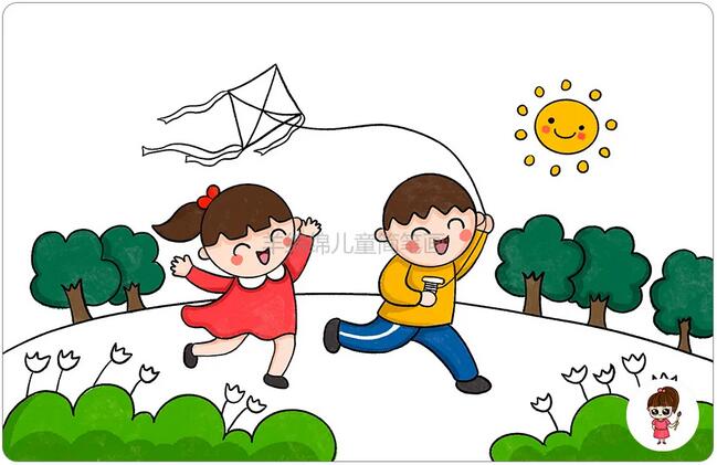 小孩放風(fēng)箏兒童簡(jiǎn)筆畫