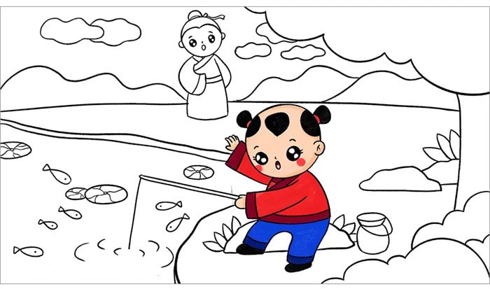 小兒垂釣古詩配畫