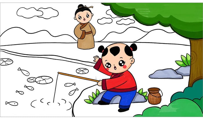 小兒垂釣古詩配畫