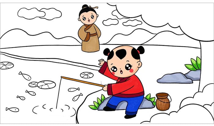 小兒垂釣古詩配畫