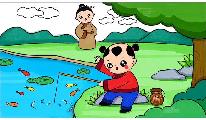 小兒垂釣古詩配畫