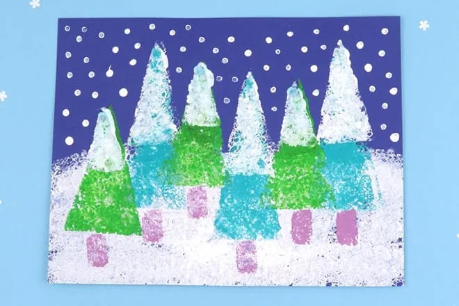幼兒手工制作：海綿印畫積雪下的冬季大樹