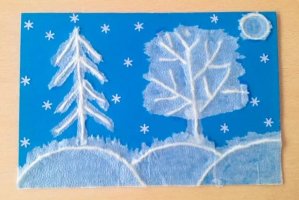 紙巾拼貼畫冬天積雪的大地風景畫