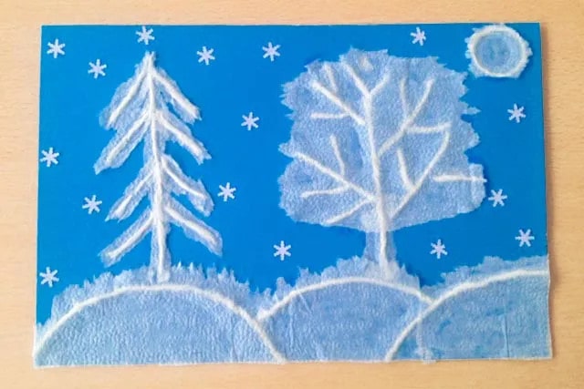 紙巾拼貼畫(huà)冬天積雪的大地風(fēng)景畫(huà)