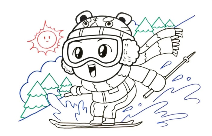 滑雪卡通人物簡筆畫教程圖片