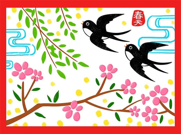 兒童春天的圖片景色畫《似曾相識(shí)燕歸來(lái)》