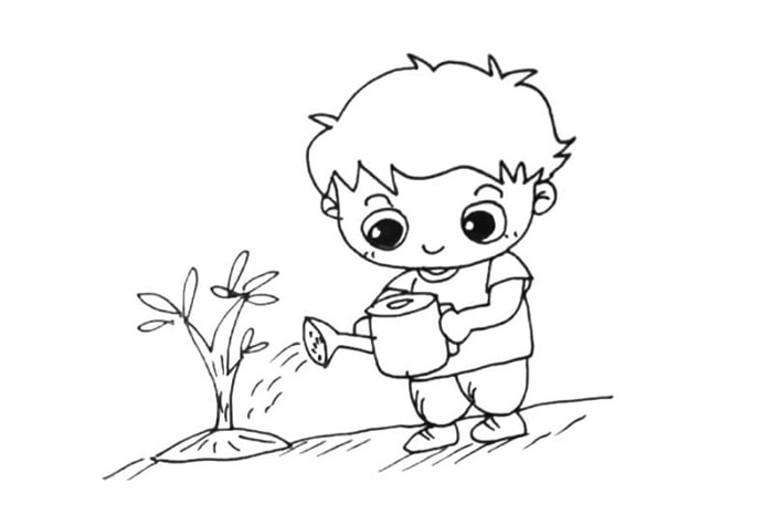 植樹(shù)節(jié)簡(jiǎn)筆畫(huà) 小男孩給小樹(shù)澆水